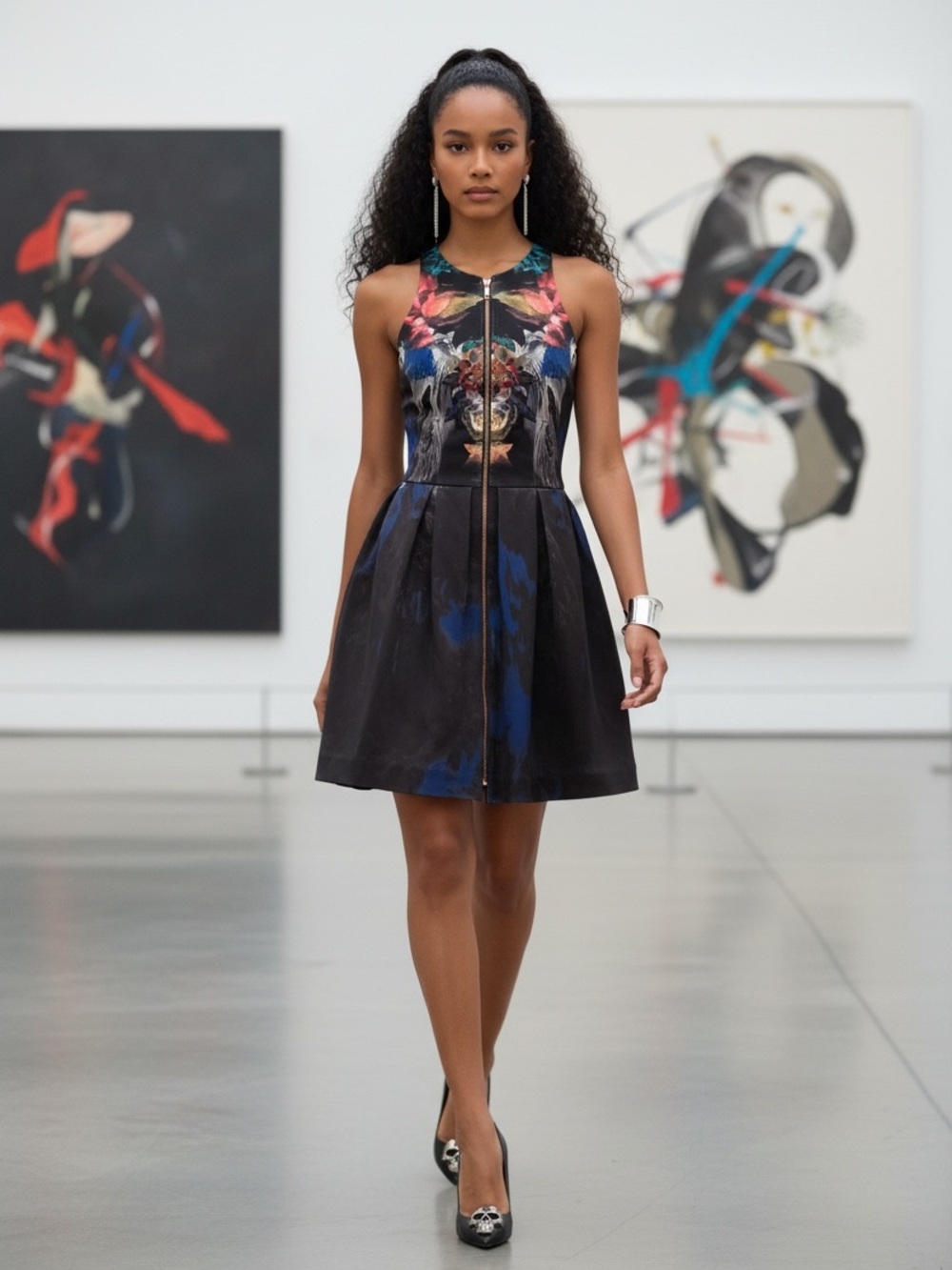 NICHOLAS multicolor abstract print zip front scuba Mini Dress